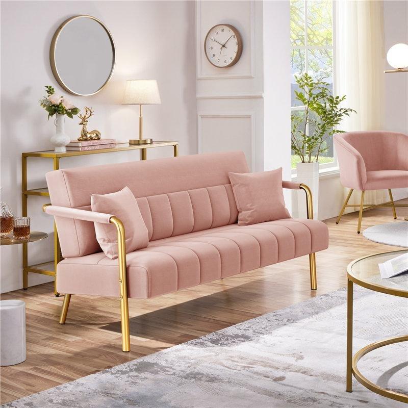 Pembe Kadife Kapitoneli Gold Metal Ayaklı İkili Koltuk 2 Kırlentli - 144 cm - 197188