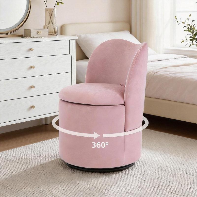 Pembe Kadife Saklama Alanlı 360° Dönebilen Sırtlı Makyaj Masası Pufu - 233116