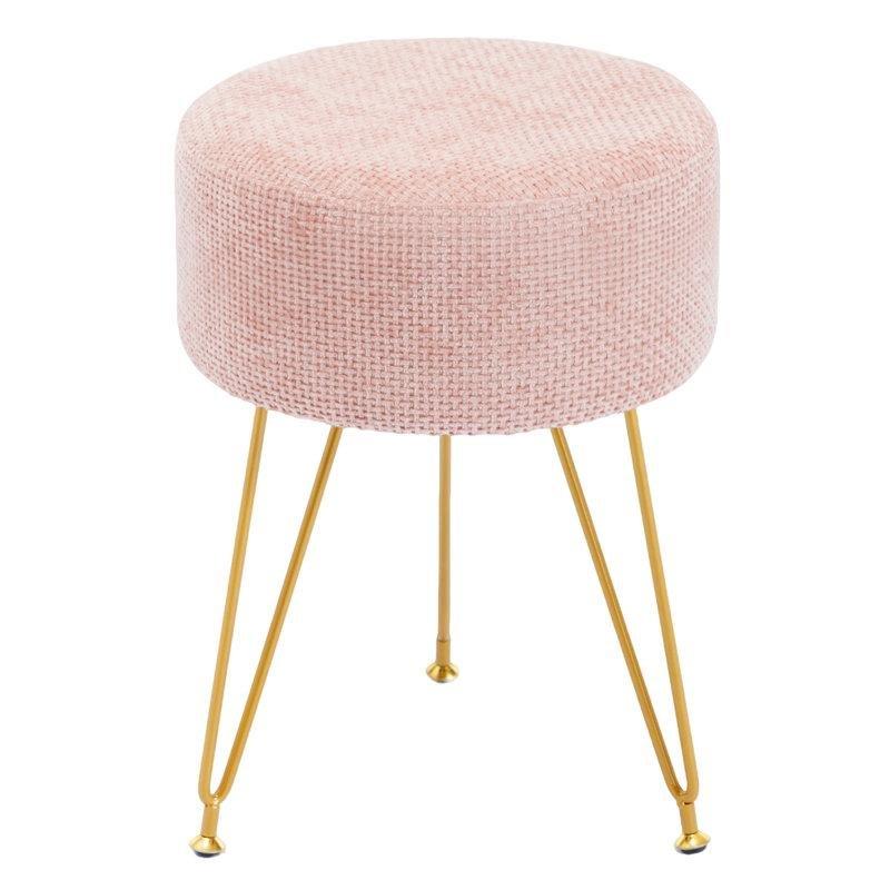 Pembe Kumaş Döşemeli Gold Metal Ayaklı Yuvarlak Makyaj Masası Pufu - 232879