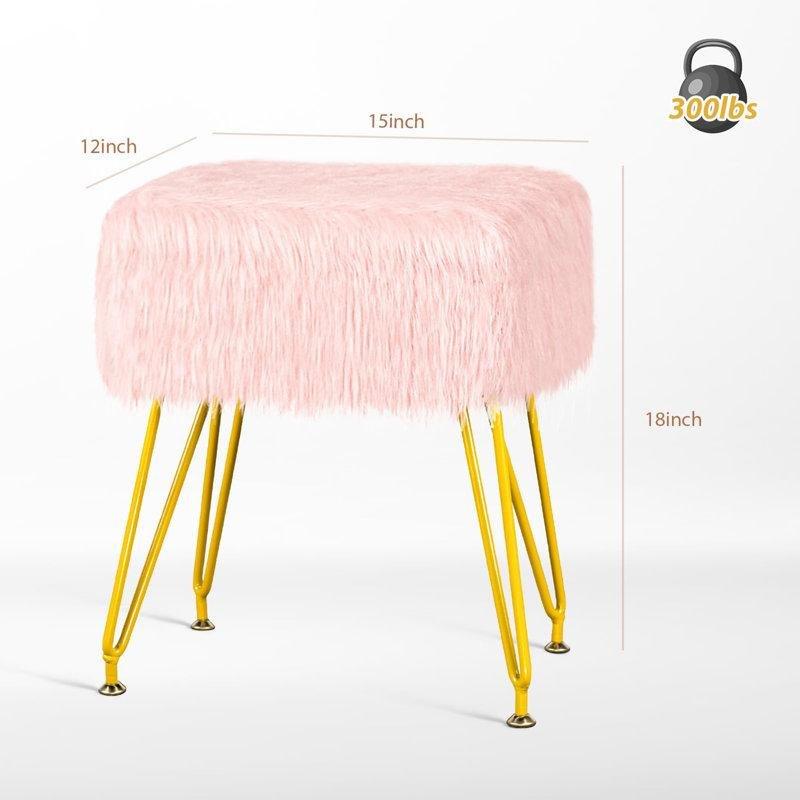 Pembe Suni Kürk Döşemeli Gold Metal Ayaklı Makyaj Masası Pufu - 39x31 cm - 233069