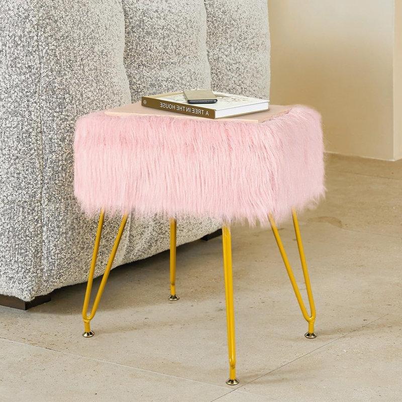 Pembe Suni Kürk Döşemeli Gold Metal Ayaklı Makyaj Masası Pufu - 39x31 cm - 233069