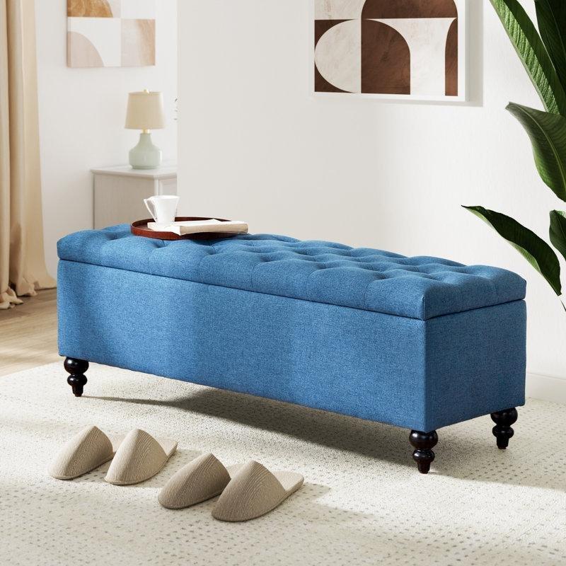Polyester Kumaş Masif Ahşap Ayaklı Kapitoneli Sandıklı Bench - 128 cm - 164485