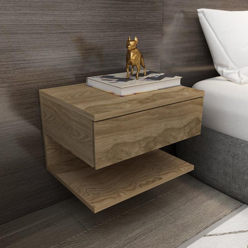 Prizli Duvara Monte Çekmeceli ve Raflı Ahşap Komodin İkili Set - 45 cm - 224426