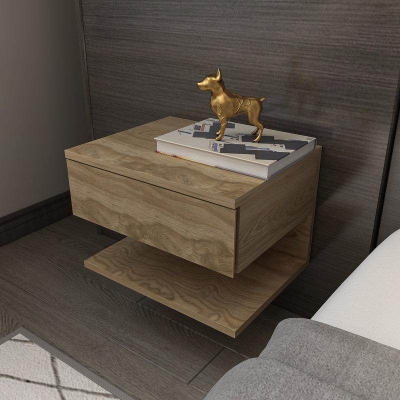 Prizli Duvara Monte Çekmeceli ve Raflı Ahşap Komodin İkili Set - 45 cm - 224426