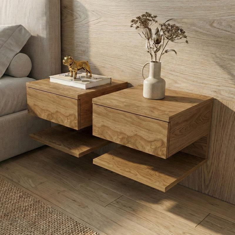 Prizli Duvara Monte Çekmeceli ve Raflı Ahşap Komodin İkili Set - 45 cm - 224426