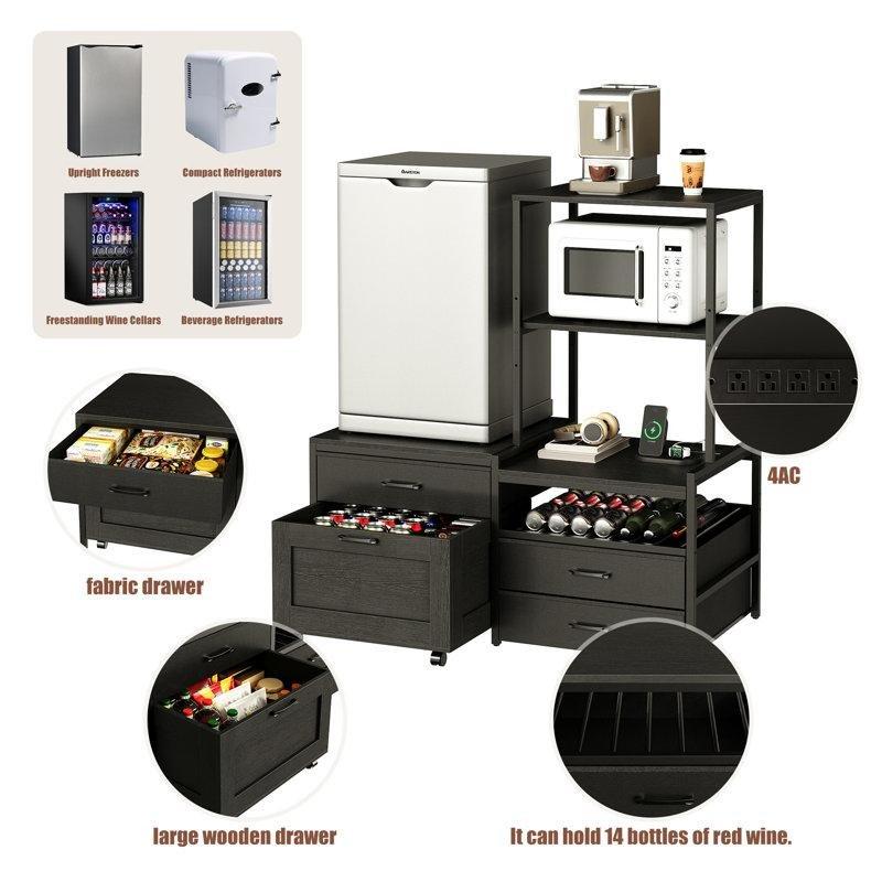 Prizli Şaraplıklı Çekmeceli Metal ve MDF Çok Amaçlı Mutfak Rafı ve Mini Buzdolabı Standı - 163975
