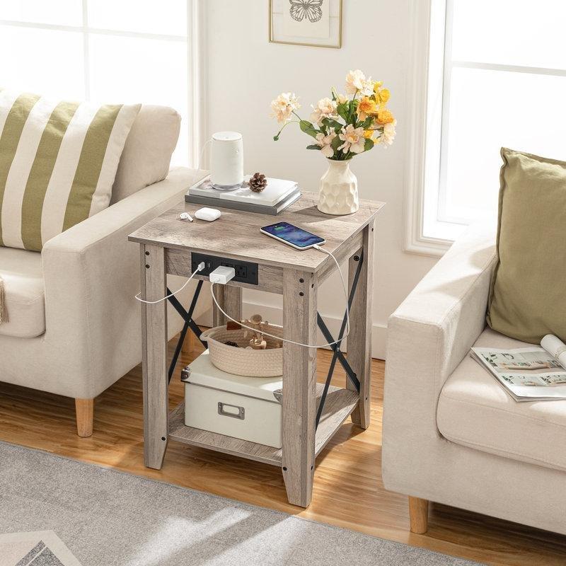 Prizli USBli Raflı X-Metal Ayaklı Suntalam Komodin - 60x45 cm - 224643