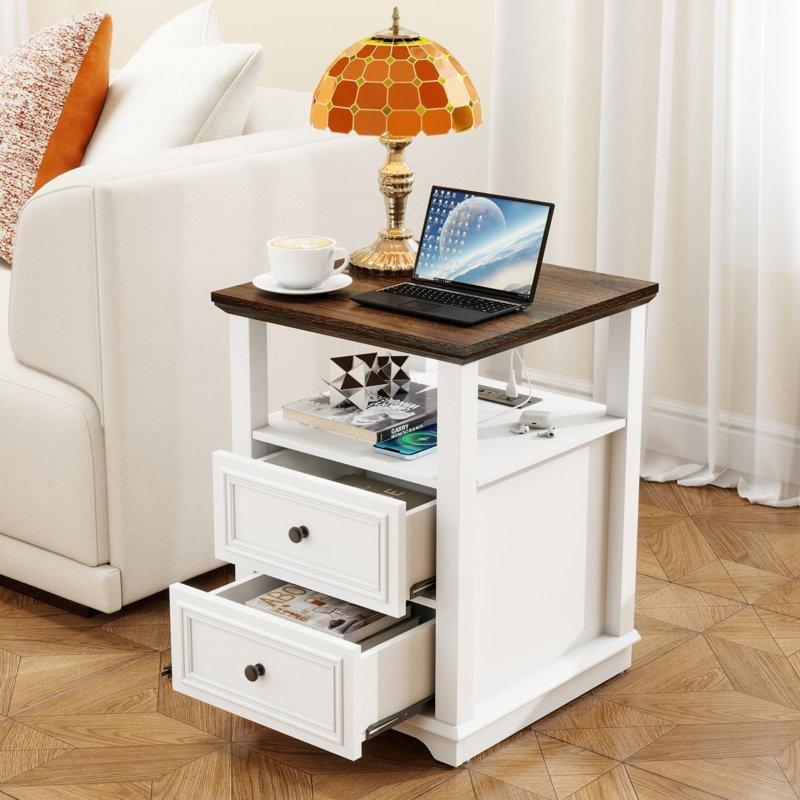Prizli ve USB Girişli İki Çekmeceli Raflı Ahşap Komodin Seti - 222998