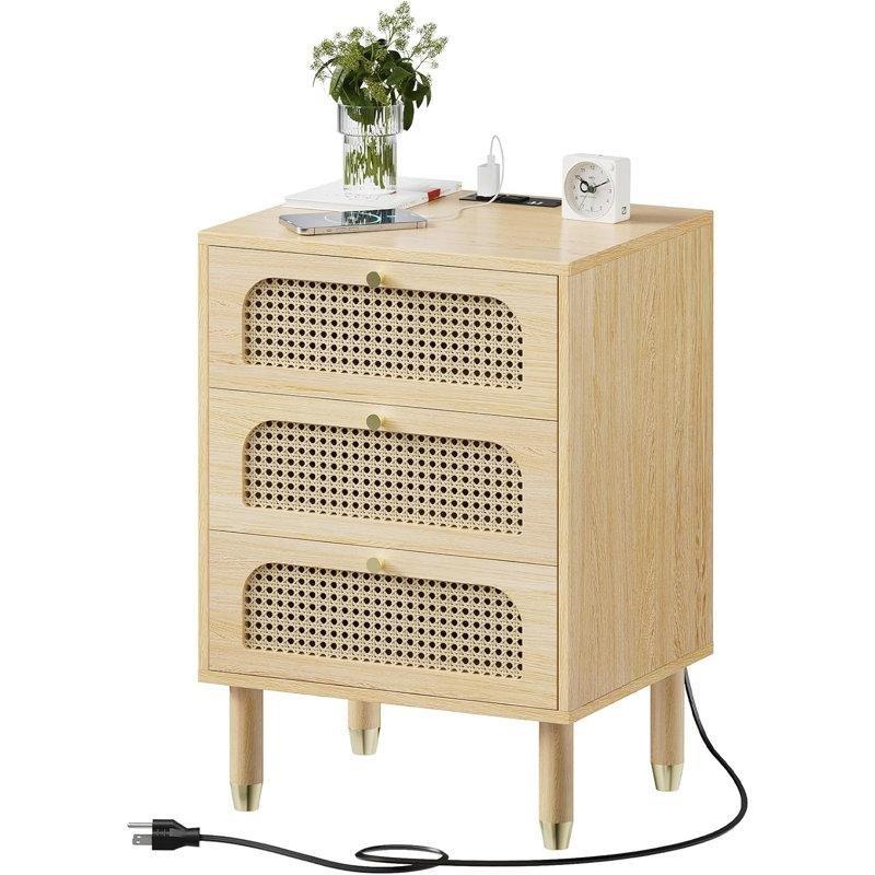 Prizli ve USB Girişli Rattan Üç Çekmeceli Masif Ahşap Ayaklı Komodin - 48 cm - 223804