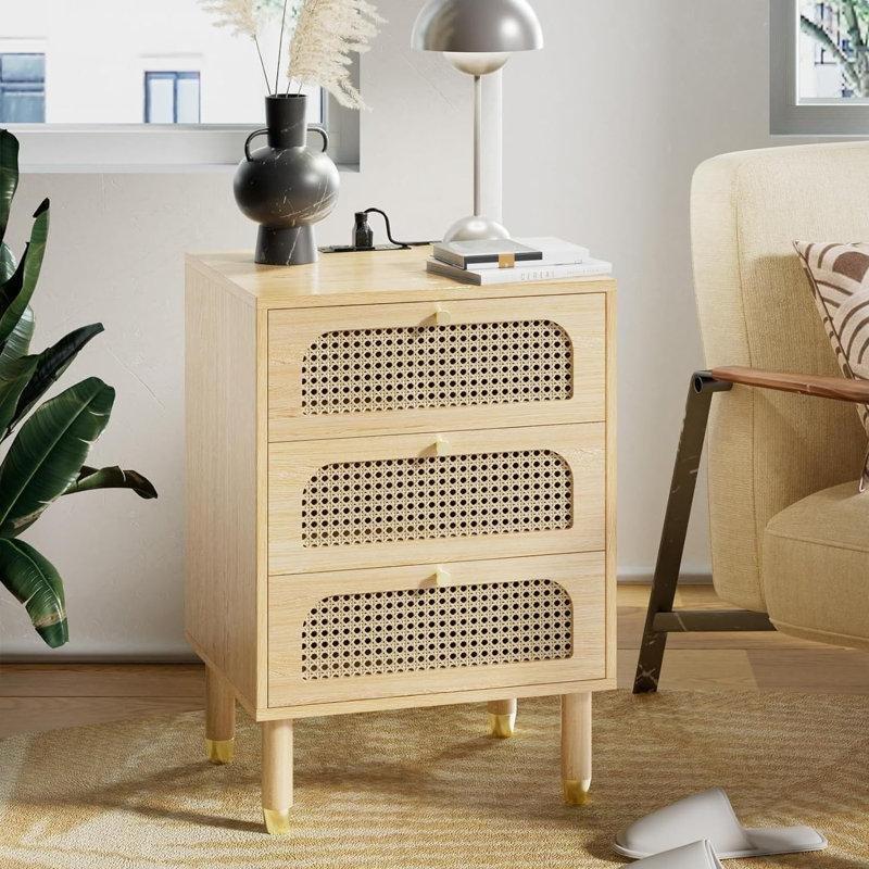 Prizli ve USB Girişli Rattan Üç Çekmeceli Masif Ahşap Ayaklı Komodin - 48 cm - 223804