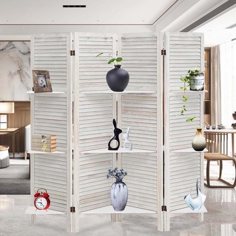 Raflı 4 Panelli Masif Ahşap Katlanabilir Paravan - 171x163 cm - 184736