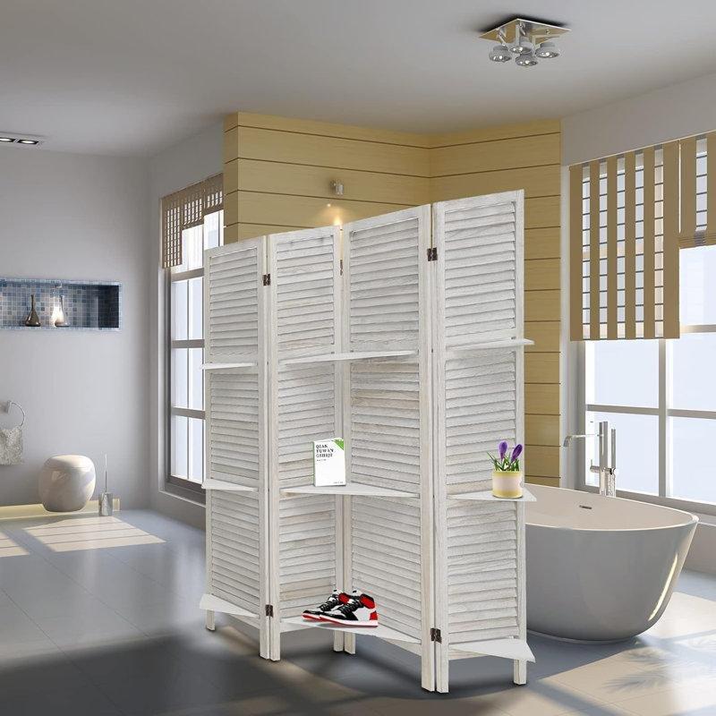 Raflı 4 Panelli Masif Ahşap Katlanabilir Paravan - 171x163 cm - 184736