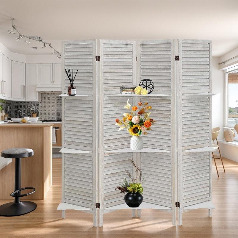 Raflı 4 Panelli Masif Ahşap Katlanabilir Paravan - 171x163 cm - 184736