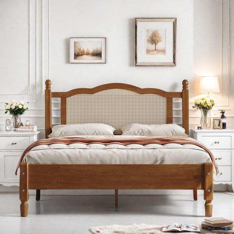 Rattan Başlıklı Kavisli Tasarım Ahşap Bohem Platform Karyola - 145x204 cm - 182218