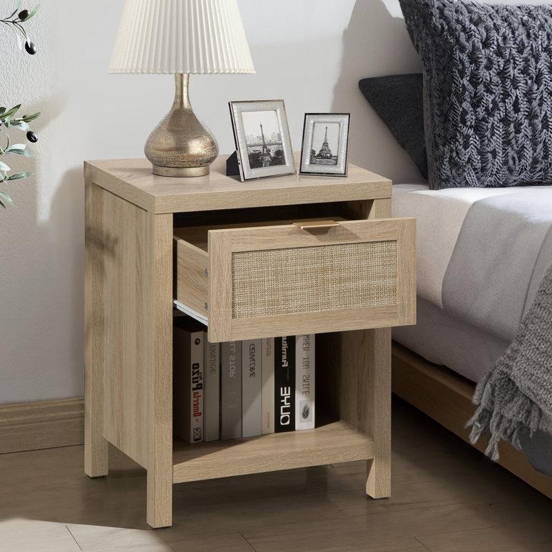 Rattan Desenli Tek Çekmeceli Raflı Masif ve MDF İkili Komodin Seti - 51x39x65 cm - 224632
