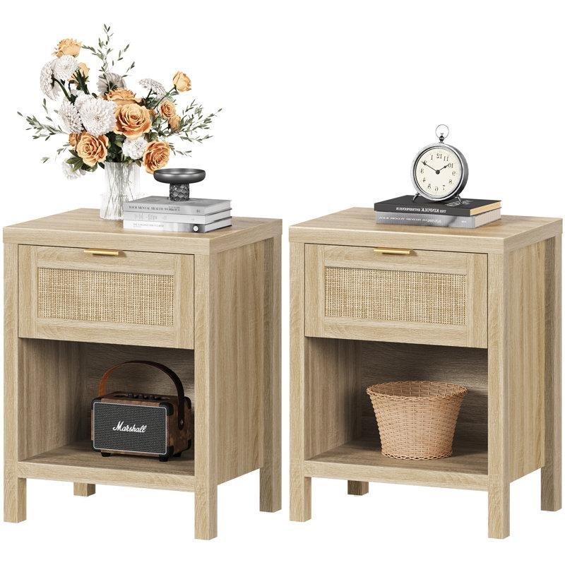 Rattan Desenli Tek Çekmeceli Raflı Masif ve MDF İkili Komodin Seti - 51x39x65 cm - 224632