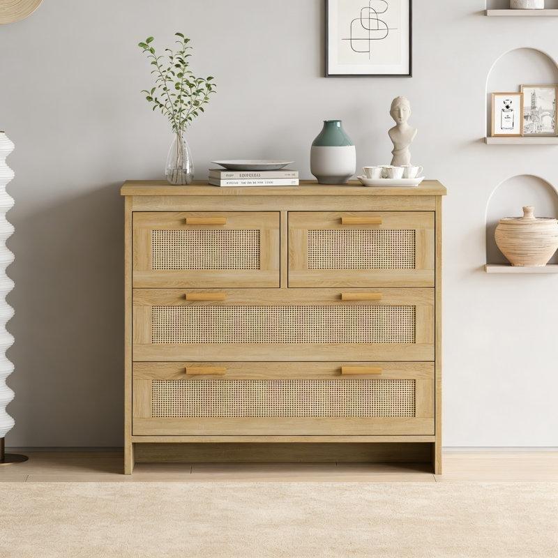 Rattan Detaylı 4 Çekmeceli Doğal Ahşap Rengi Bohem Şifonyer - 182092