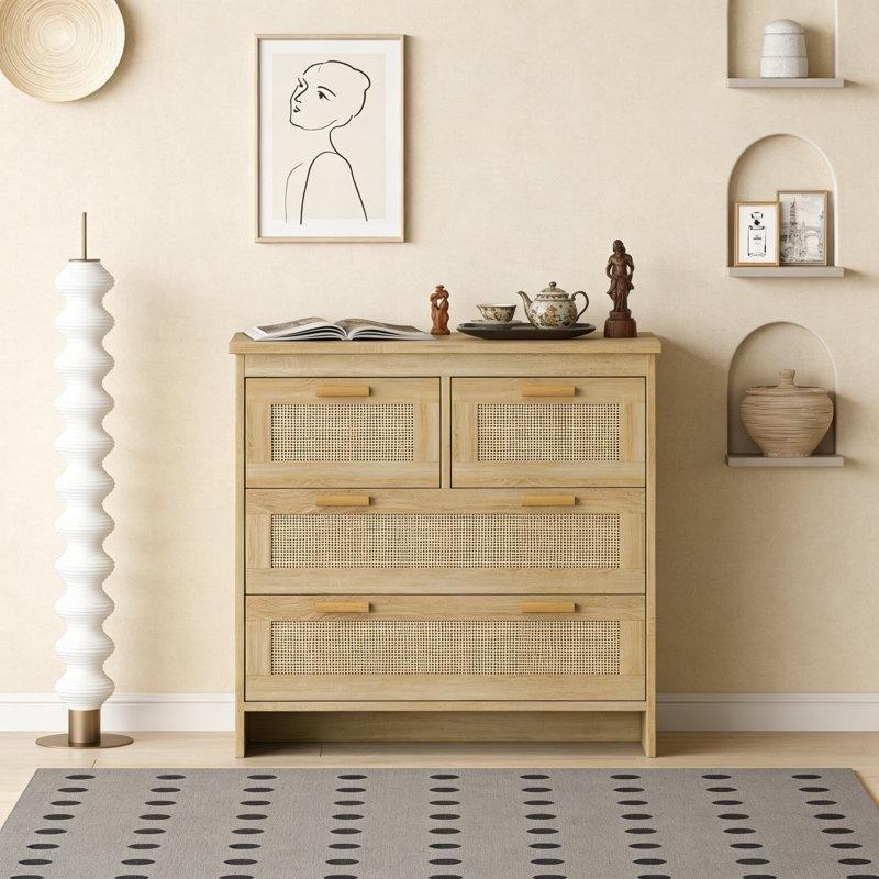Rattan Detaylı 4 Çekmeceli Doğal Ahşap Rengi Bohem Şifonyer - 182092