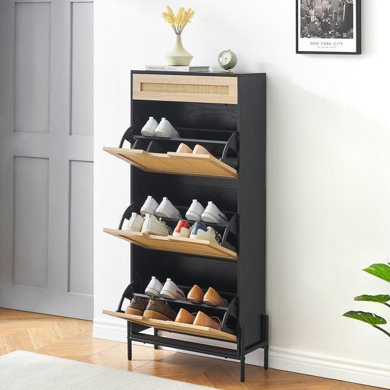 Rattan Detaylı Çekmeceli Metal Ayaklı Düşer Kapak Ayakkabılık - 227345