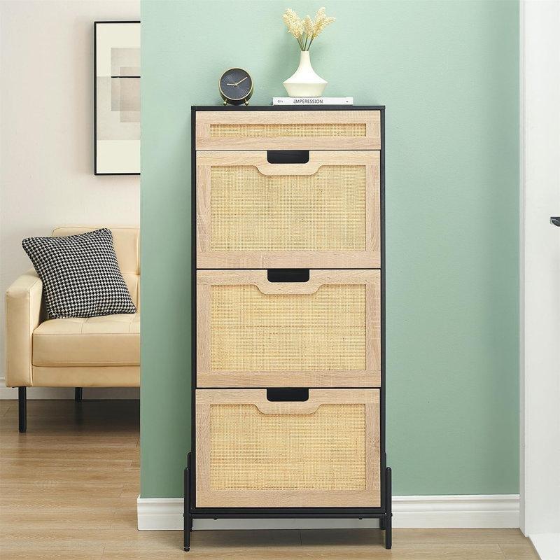 Rattan Detaylı Çekmeceli Metal Ayaklı Düşer Kapak Ayakkabılık - 227345