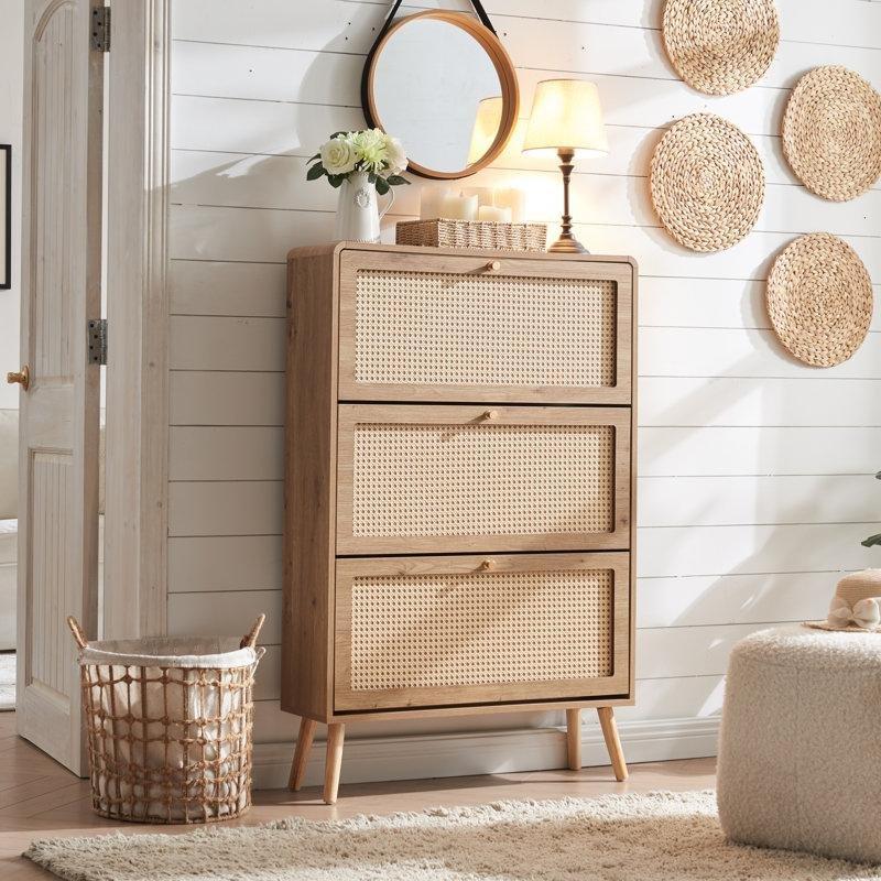 Rattan Detaylı MDF 3 Çekmeceli Düşer Kapaklı Ayakkabılık - 78x25x122 cm - 229939