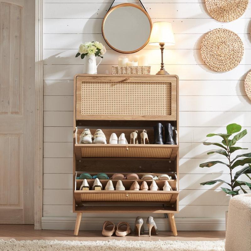 Rattan Detaylı MDF 3 Çekmeceli Düşer Kapaklı Ayakkabılık - 78x25x122 cm - 229939