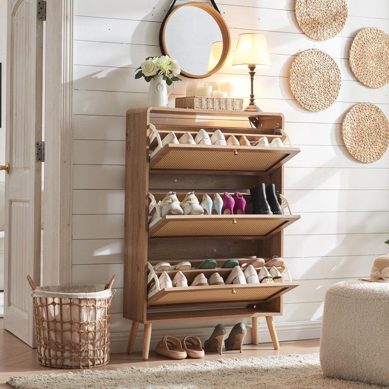 Rattan Detaylı MDF 3 Çekmeceli Düşer Kapaklı Ayakkabılık - 78x25x122 cm - 229939
