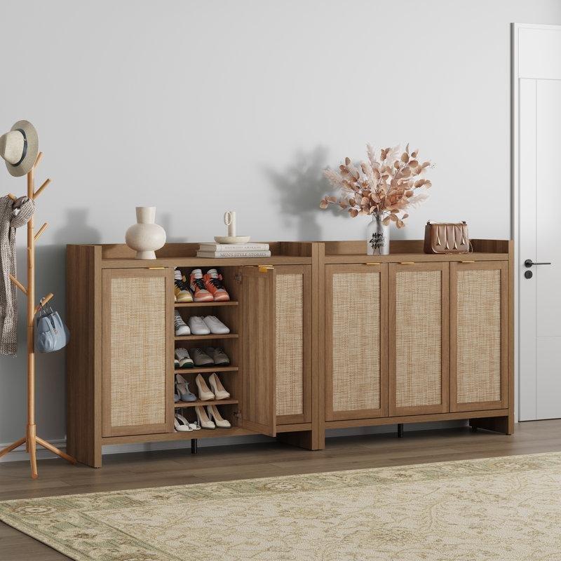 Rattan Detaylı Meşe 3 Kapaklı Ayarlanabilir Raflı Ayakkabılık Dolap - 120 cm - 230344