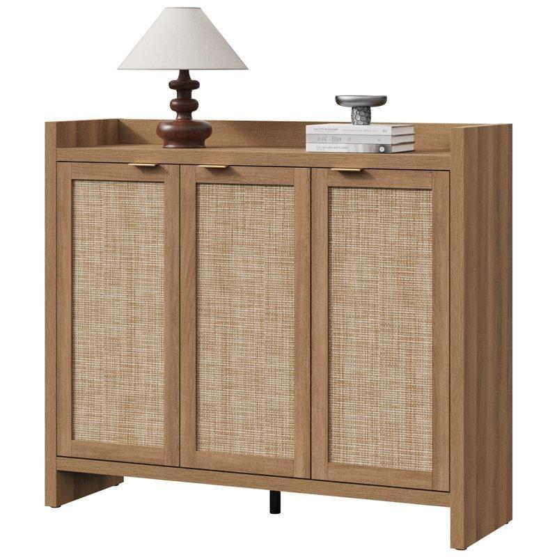 Rattan Detaylı Meşe 3 Kapaklı Ayarlanabilir Raflı Ayakkabılık Dolap - 120 cm - 230344
