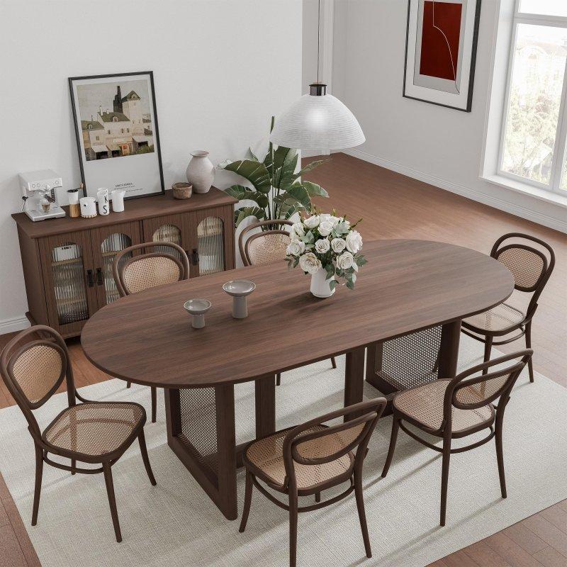 Rattan Dokuma Ayaklı Ahşap Oval 6 Kişilik Bohem Yemek Masası - 237390