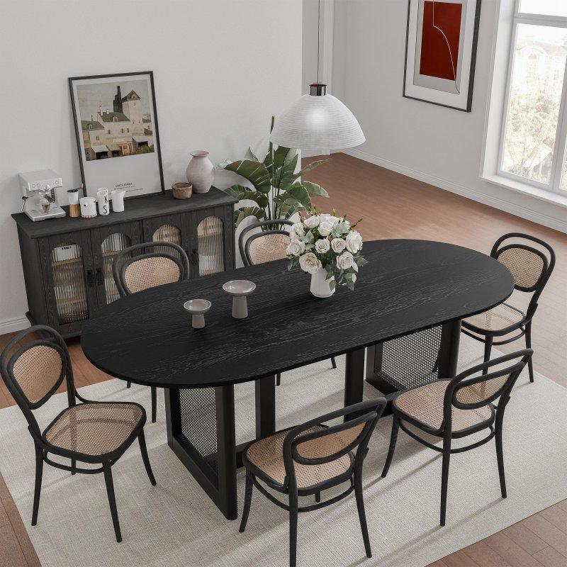 Rattan Dokuma Ayaklı Ahşap Oval 6 Kişilik Bohem Yemek Masası - 237390