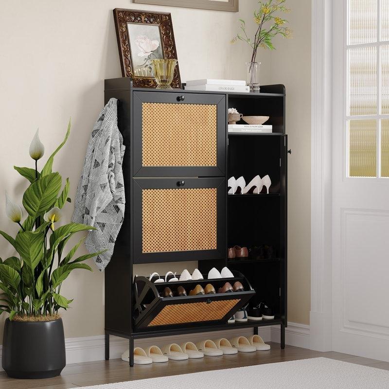 Rattan Düşer Kapaklı ve Raflı MDF Ayakkabılık Dolabı - 90x24x132 cm - 227195
