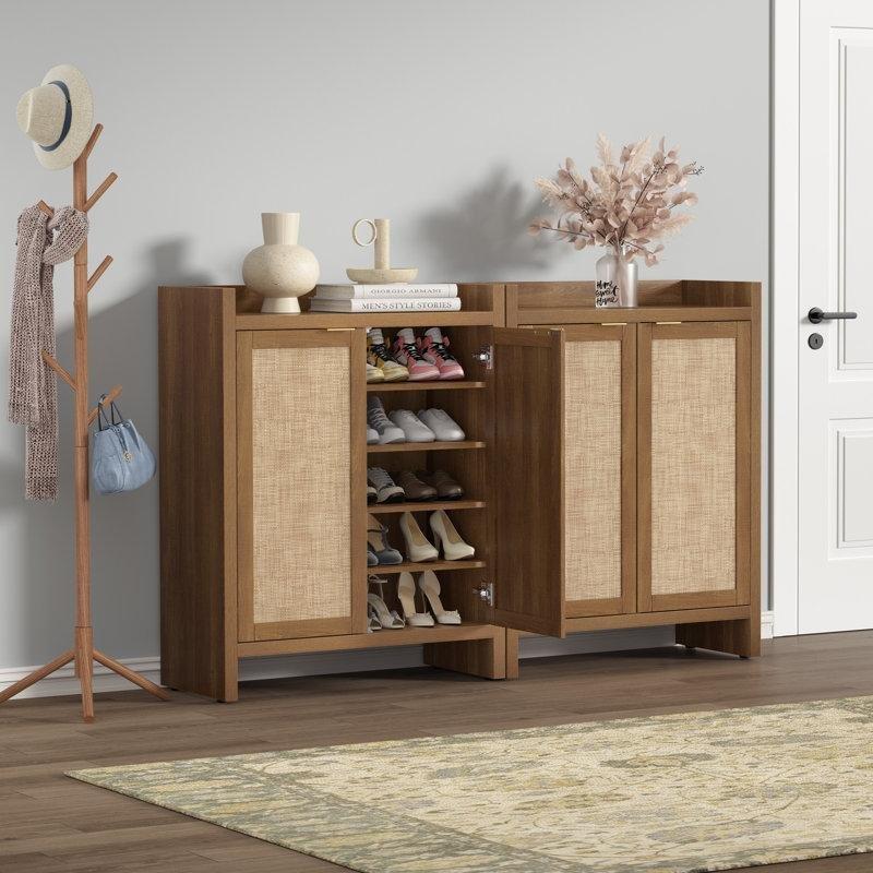 Rattan Kapaklı Endüstriyel Ahşap Bohem Ayakkabılık Dolabı - 83x105 cm - 230165