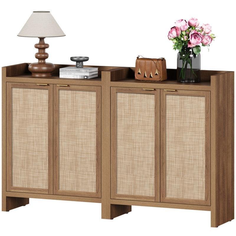 Rattan Kapaklı Endüstriyel Ahşap Bohem Ayakkabılık Dolabı - 83x105 cm - 230165