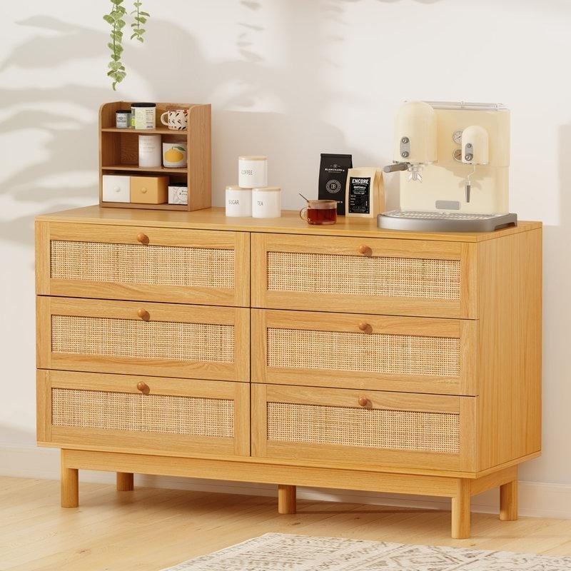 Rattan MDF 6 Çekmeceli Ahşap Kulplu Bohem Şifonyer - 120 cm - 182002