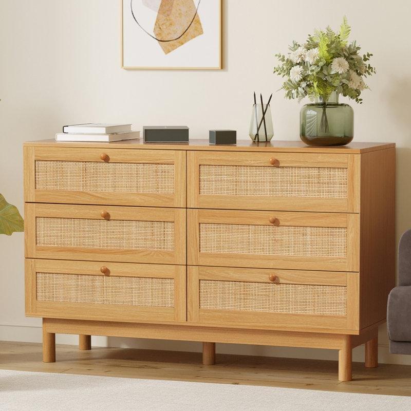 Rattan MDF 6 Çekmeceli Ahşap Kulplu Bohem Şifonyer - 120 cm - 182002