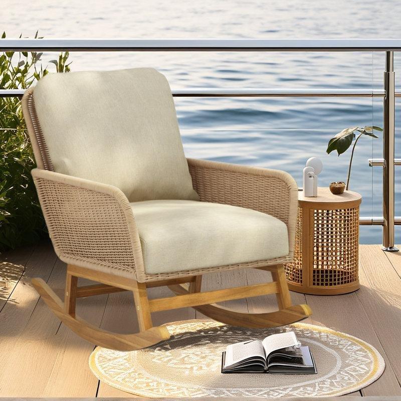 Rattan Minderli Ahşap Bahçe Sallanan Sandalye - 219507
