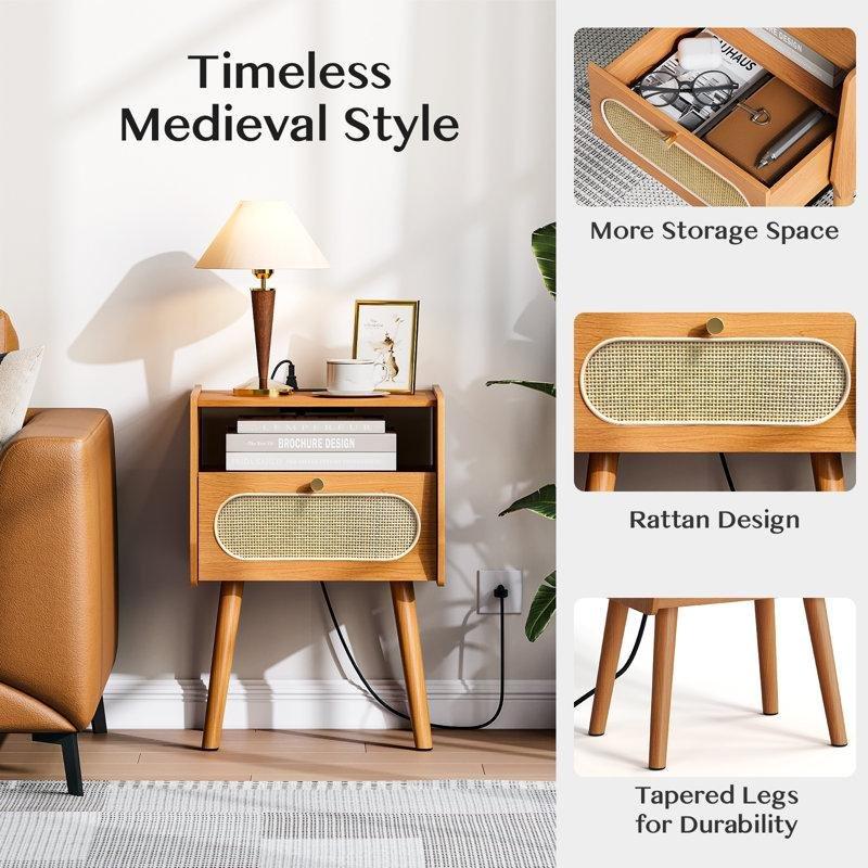 Rattan Prizli Çekmeceli ve Raflı Masif Ayaklı İkili Komodin Seti - 223811