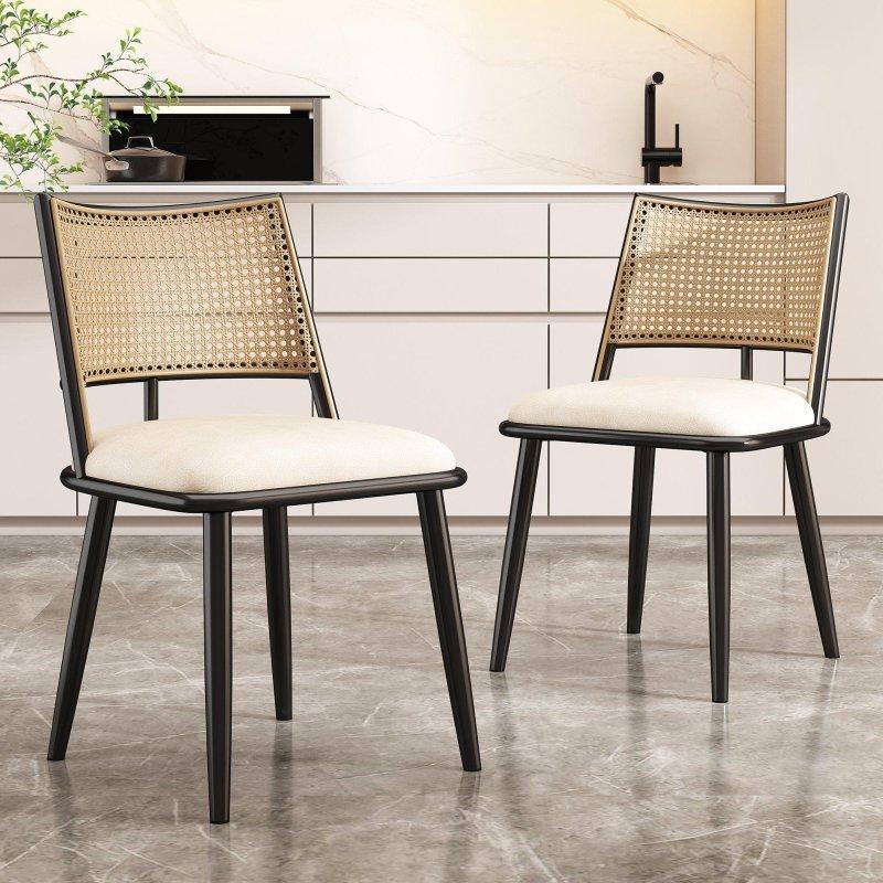 Rattan Sırtlı Bej Suni Deri Döşemeli Siyah Metal 2li Sandalye Seti - 235496