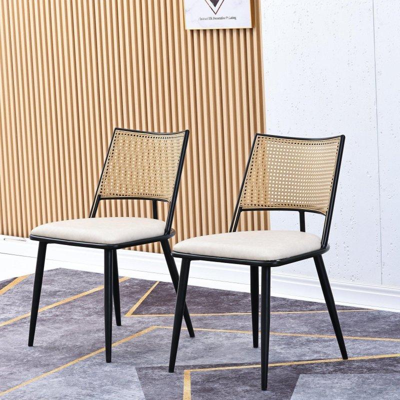 Rattan Sırtlı Bej Suni Deri Döşemeli Siyah Metal 2li Sandalye Seti - 235496