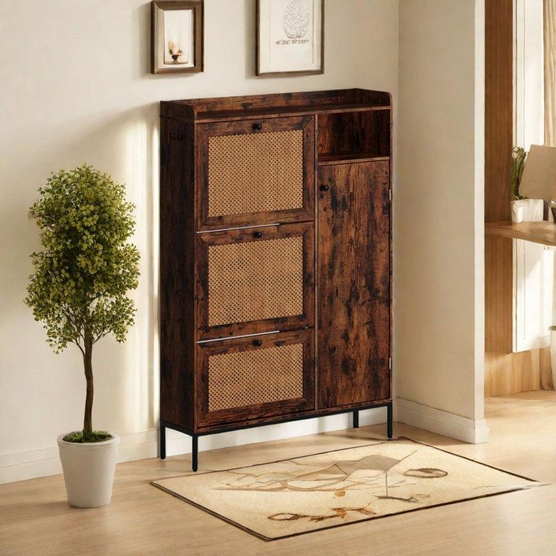 Rattan Tasarımlı Düşer Kapaklı Çekmeceli Ahşap Ayakkabılık - 90x24x132 cm - 227499
