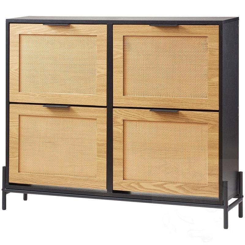 Rattan Tasarımlı Siyah Metal Ayaklı 4 Düşer Kapaklı Ayakkabılık - 104x25x89 cm - 228178