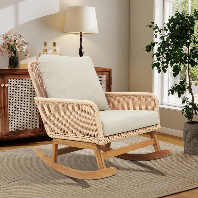 Rattan ve Masif Ahşap Minderli Bahçe Sallanan Sandalye - 219253