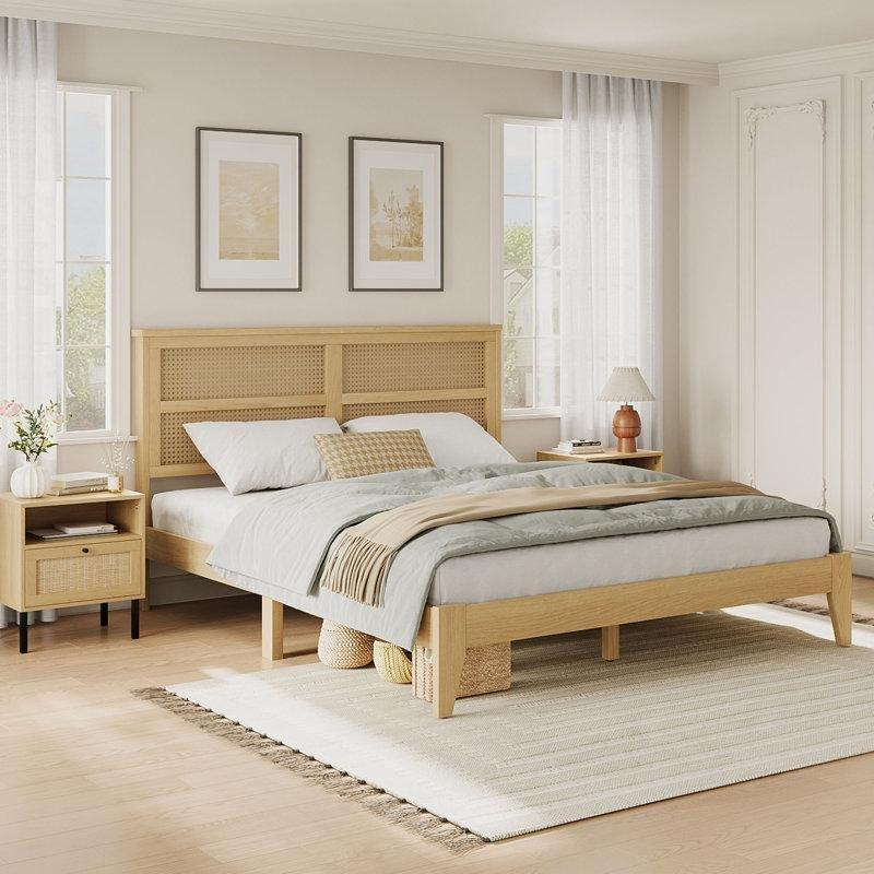 Rattan Yatak Başlıklı Masif Açık Meşe Ahşap Platform Bohem Karyola Queen Boy - 182355
