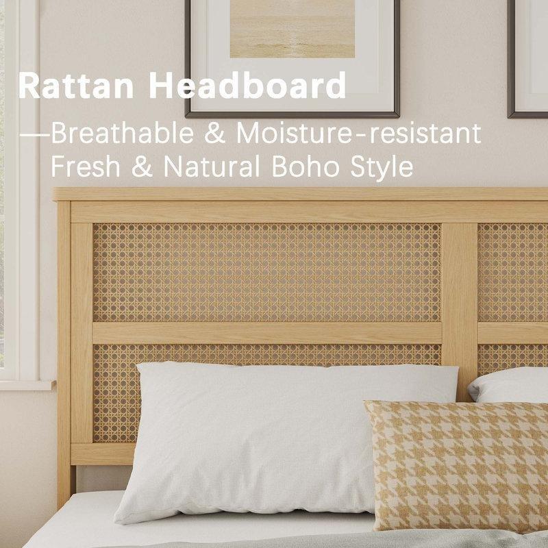 Rattan Yatak Başlıklı Masif Açık Meşe Ahşap Platform Bohem Karyola Queen Boy - 182355