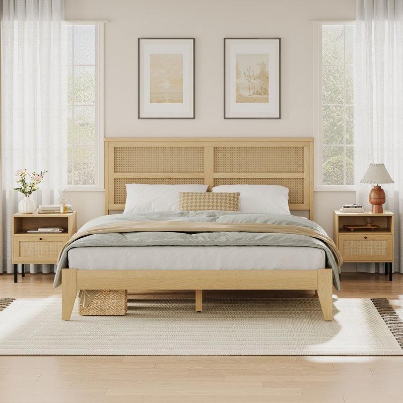 Rattan Yatak Başlıklı Masif Açık Meşe Ahşap Platform Bohem Karyola Queen Boy - 182355
