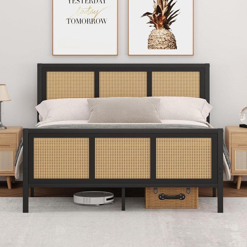 Rattan Yatak Başlıklı Metal Lata Destekli Bohem Karyola - 154x210 cm - 181738