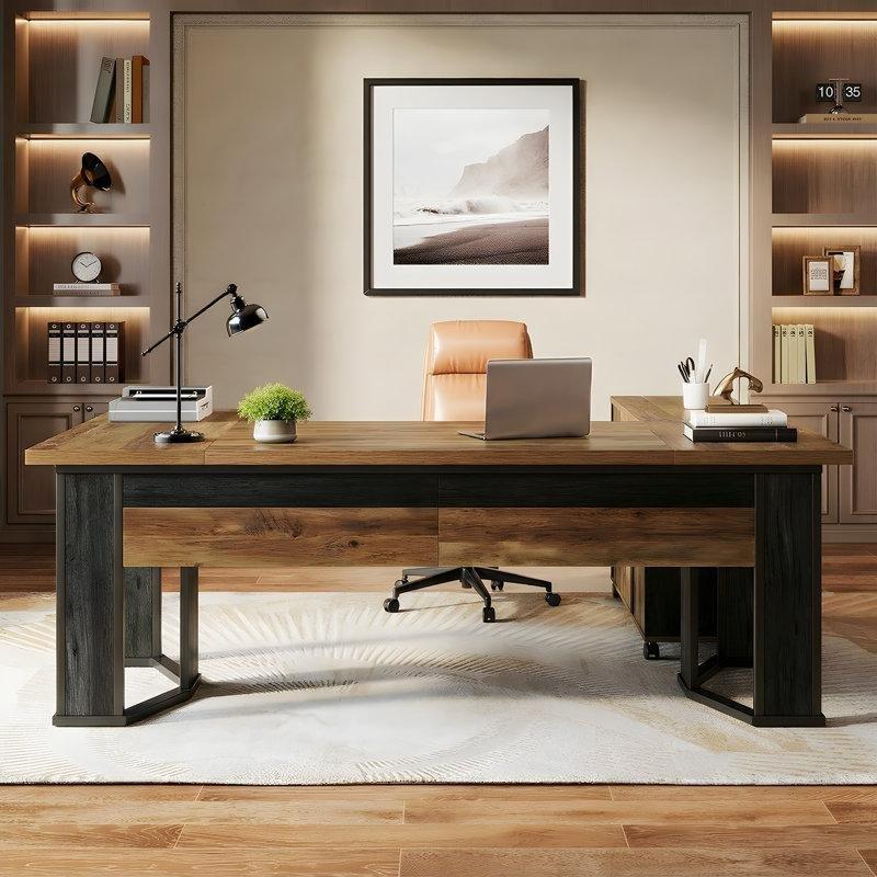 Retro Ahşap ve Siyah MDF L Tipi Tekerlekli Etejerli Ofis Masası - 180 cm - 176889