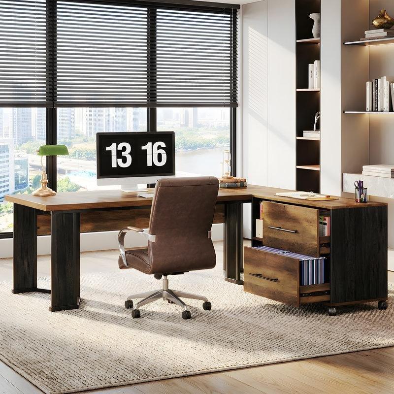 Retro Ahşap ve Siyah MDF L Tipi Tekerlekli Etejerli Ofis Masası - 180 cm - 176889