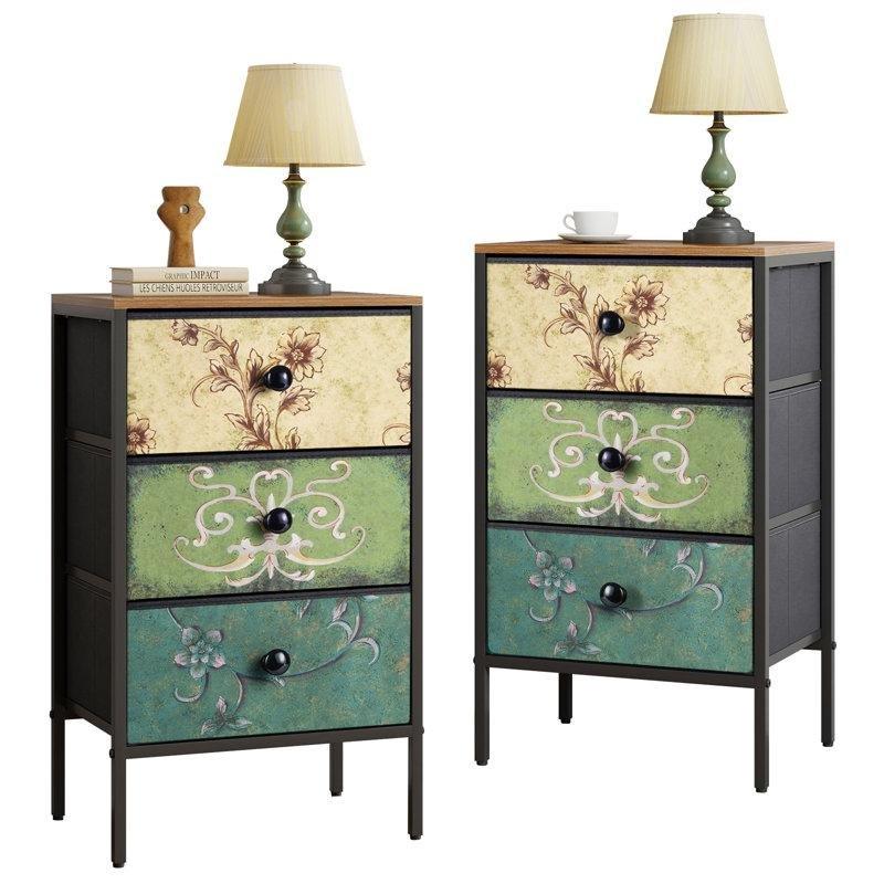 Retro Desenli Metal Ayaklı Üç Çekmeceli Raflı İkili Komodin Seti - 70x42x30 cm - 223897